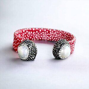 Red Stingray Open Cuff Bracelet with Pearls and Rhinestones